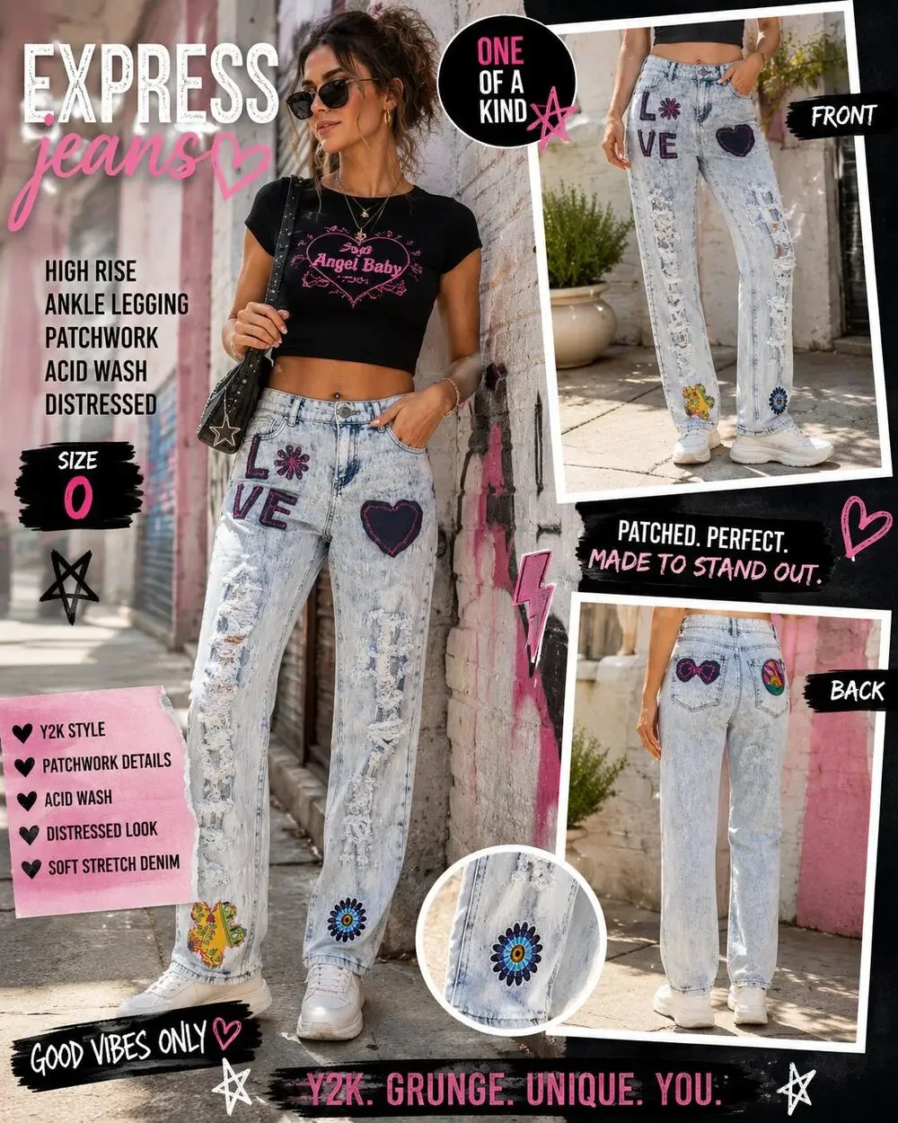Express High Rise Patchwork Acid Wash Distressed Skinny Jeans Size 0 Y2K